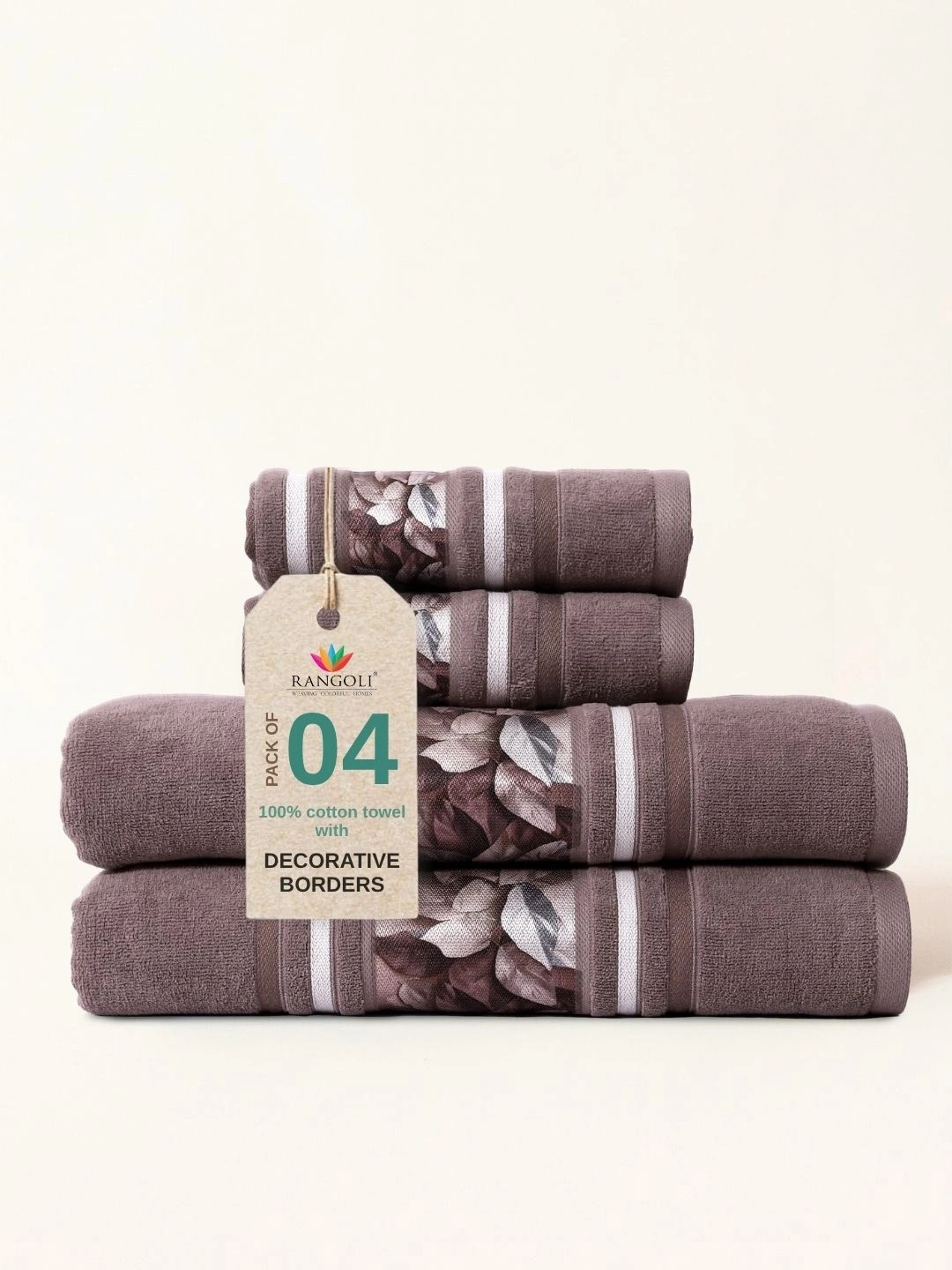 RANGOLI Oriental PK of 4 Printed Lace 450 GSM Pure Cotton Towel Set