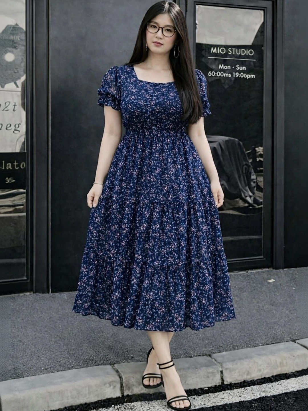 RKK COLLECTION Floral Print Puff Sleeve Georgette A-Line Midi Dress