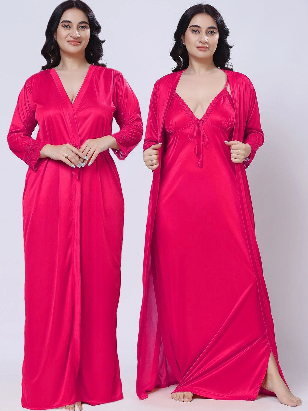 come4try V-Neck Short Sleeves Satin Maxi Nightdress