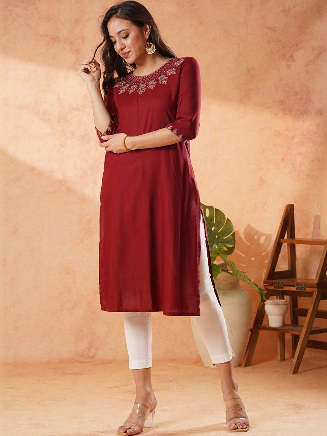 Anouk Women Embroidered Flared Sleeves Thread Work Kurta