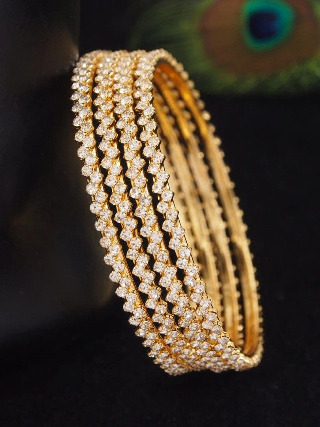 SGA FASHION Set Of 4 Gold-Plated American Diamond Stones Studded Bangles