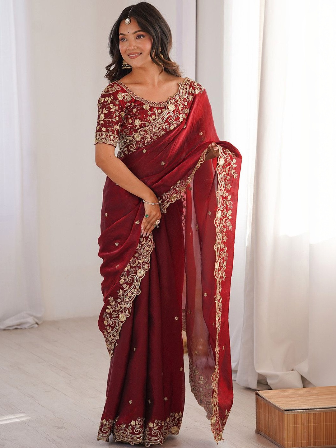 Anouk Embellished Embroidered Satin Heavy Work Saree