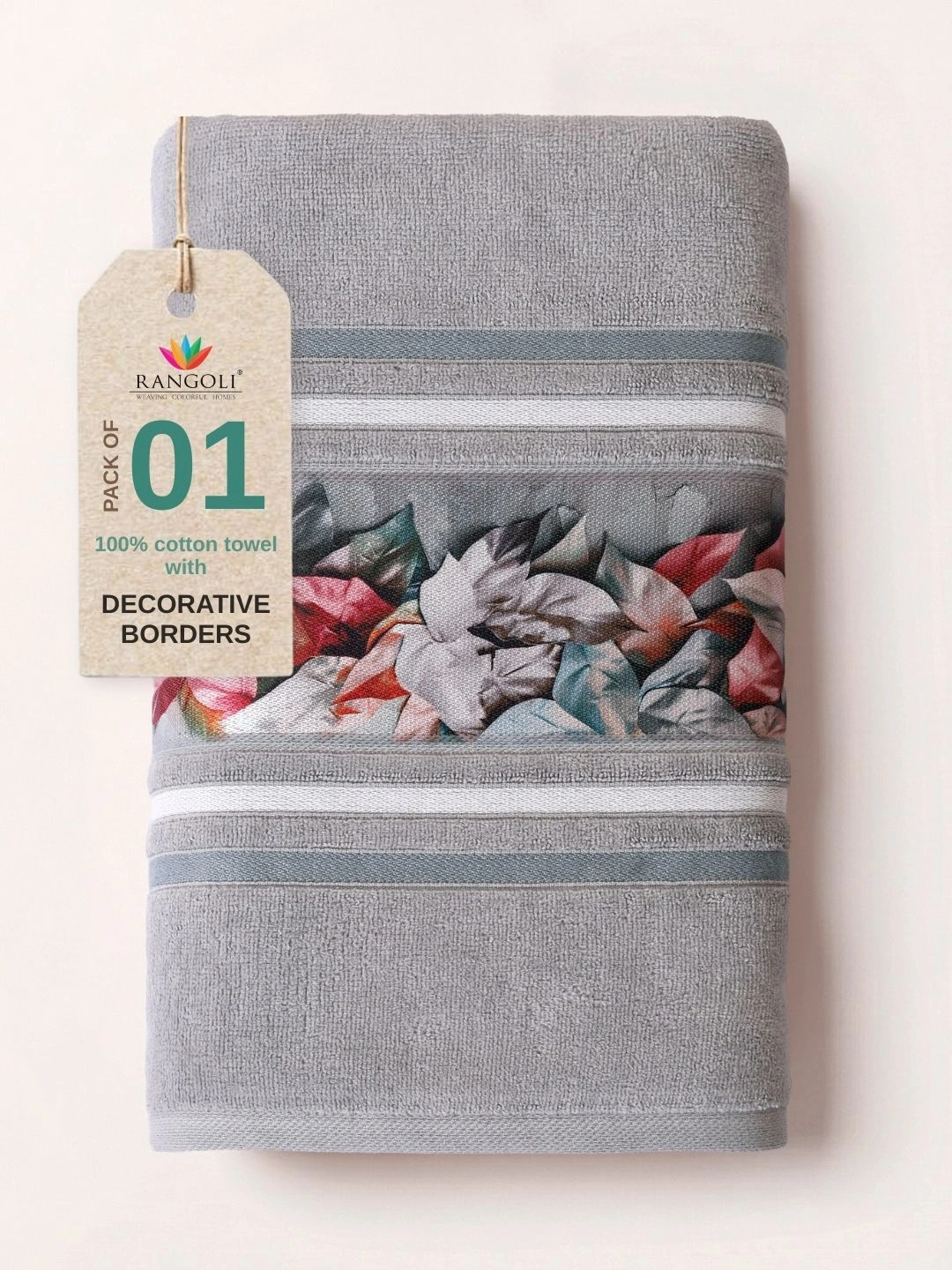 RANGOLI Grey Leaf Pure Cotton 450GSM Super Soft Adult Regular Bath Towel-28x58In