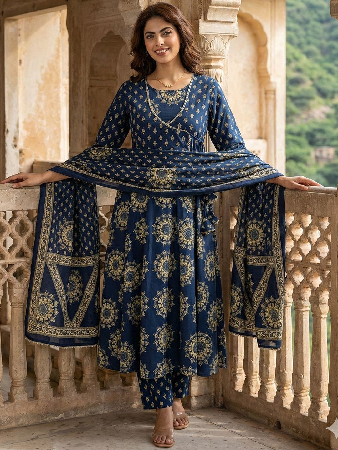 Anouk Women Ethnic Motifs Printed Angrakha Pure Cotton Kurta with Trousers & With Dupatta