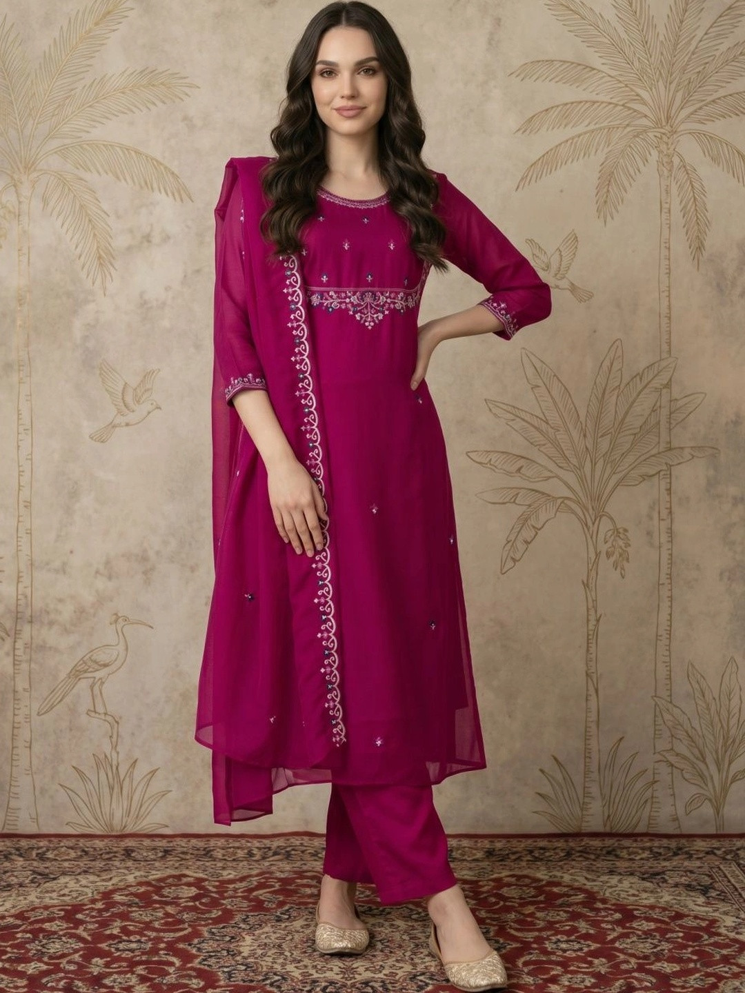 Sangria Women Ethnic Motifs Embroidered Regular Thread Work Kurta with Trousers & With Dupatta