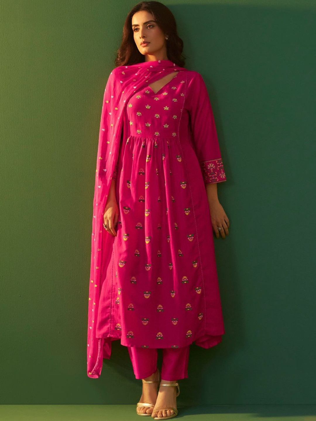 Anouk Women Pink Chinnon Printed Flared Calf Length Kurta with Cotton Printed Dupatta