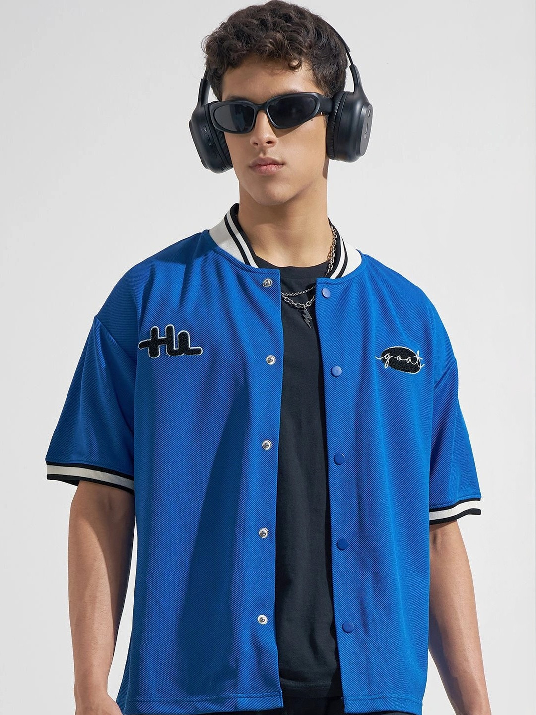 HIGHLANDER Men Blue Self Design Relaxed Drop-shoulder Bomber Shirts