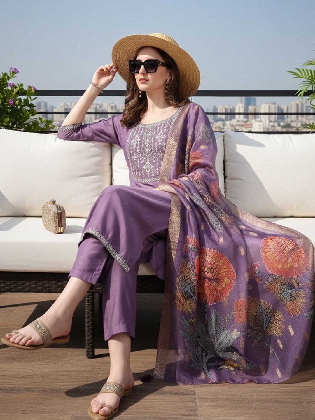 Anouk Mirage Women Floral Embroidered Regular Thread Work Kurta with Trousers & With Dupatta