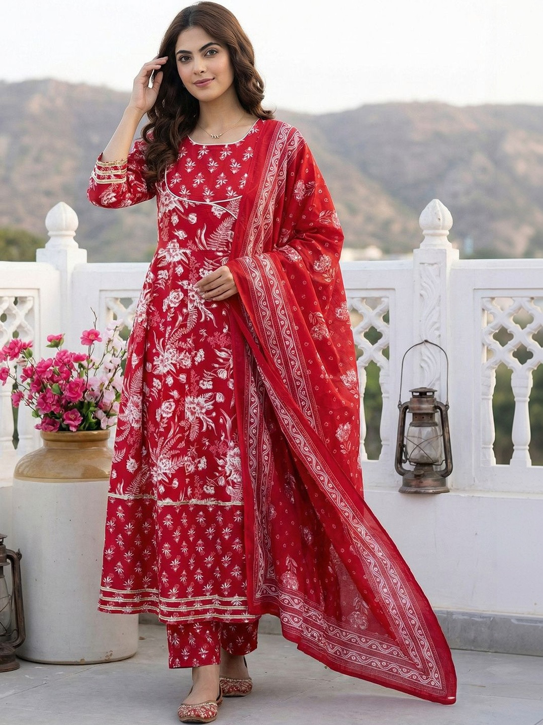 Anouk Women Floral Printed Empire Pure Cotton Kurta with Trousers & With Dupatta