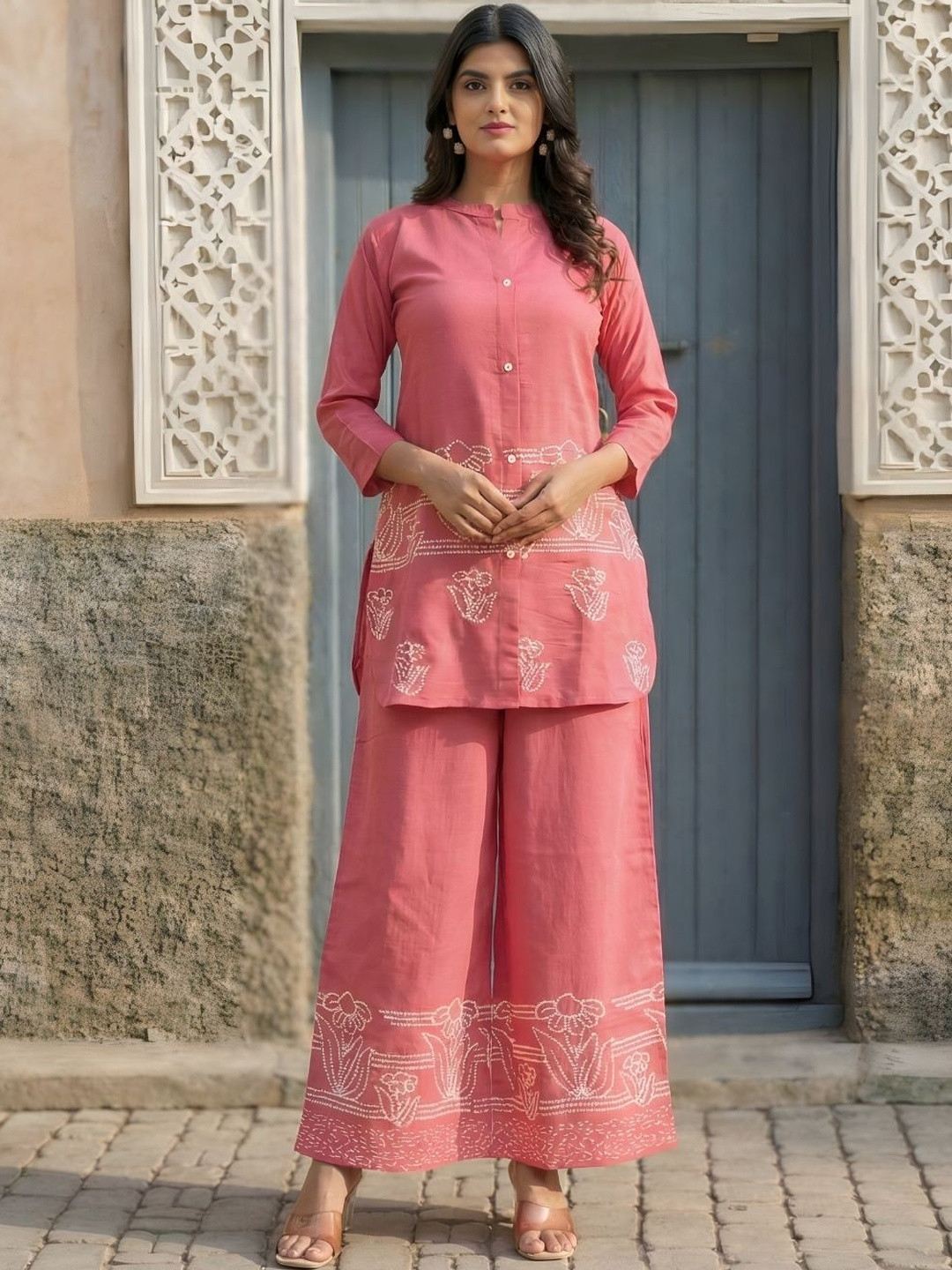 Anouk Floral Embroidered Mandarin Collar Shirt With Palazzos