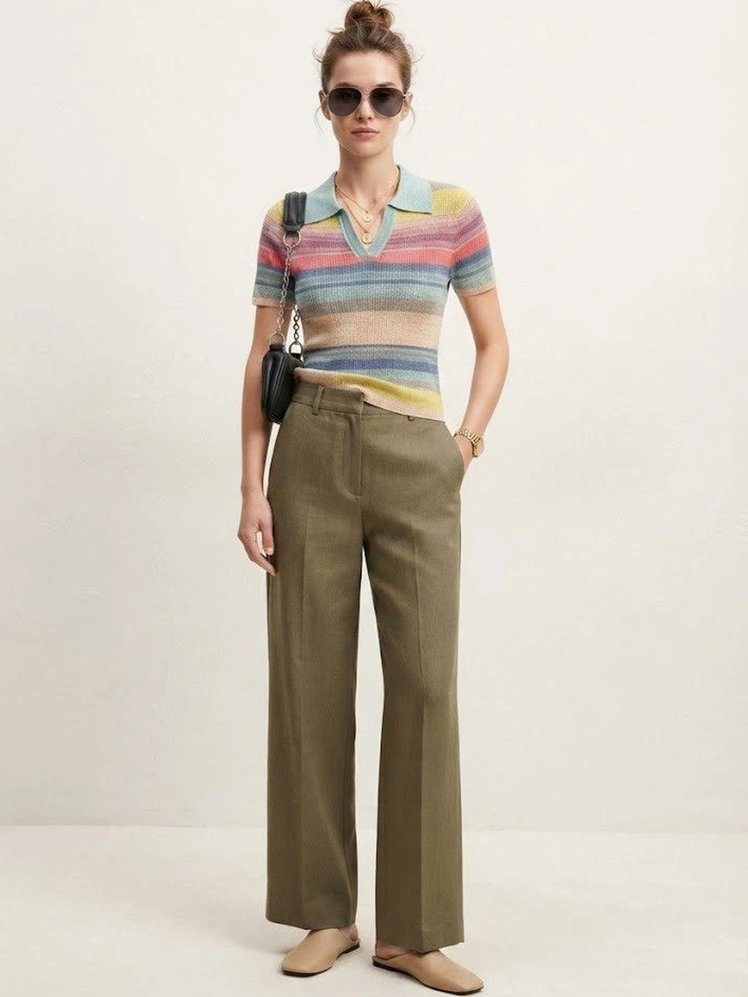 Suo Women Striped Knit Polo Collar Short Sleeve T-Shirt