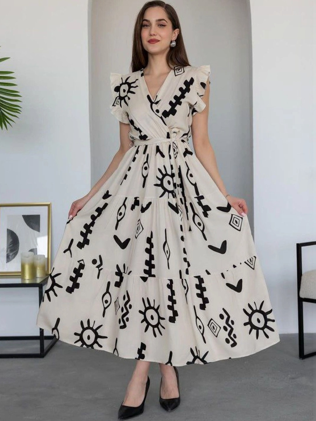 Modestouze Attires Print Flutter Sleeve Ruffled Maxi Dress