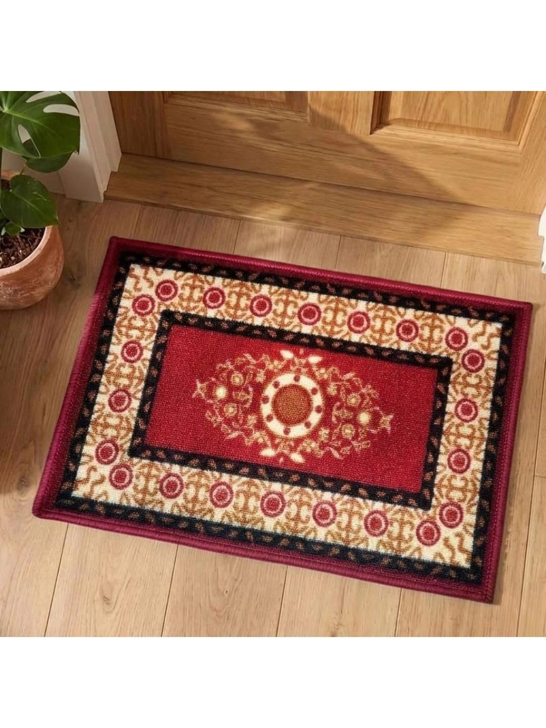 Athom Trendz Maroon & Yellow Floral Printed Anti-Slip Doormat 57x37 cm
