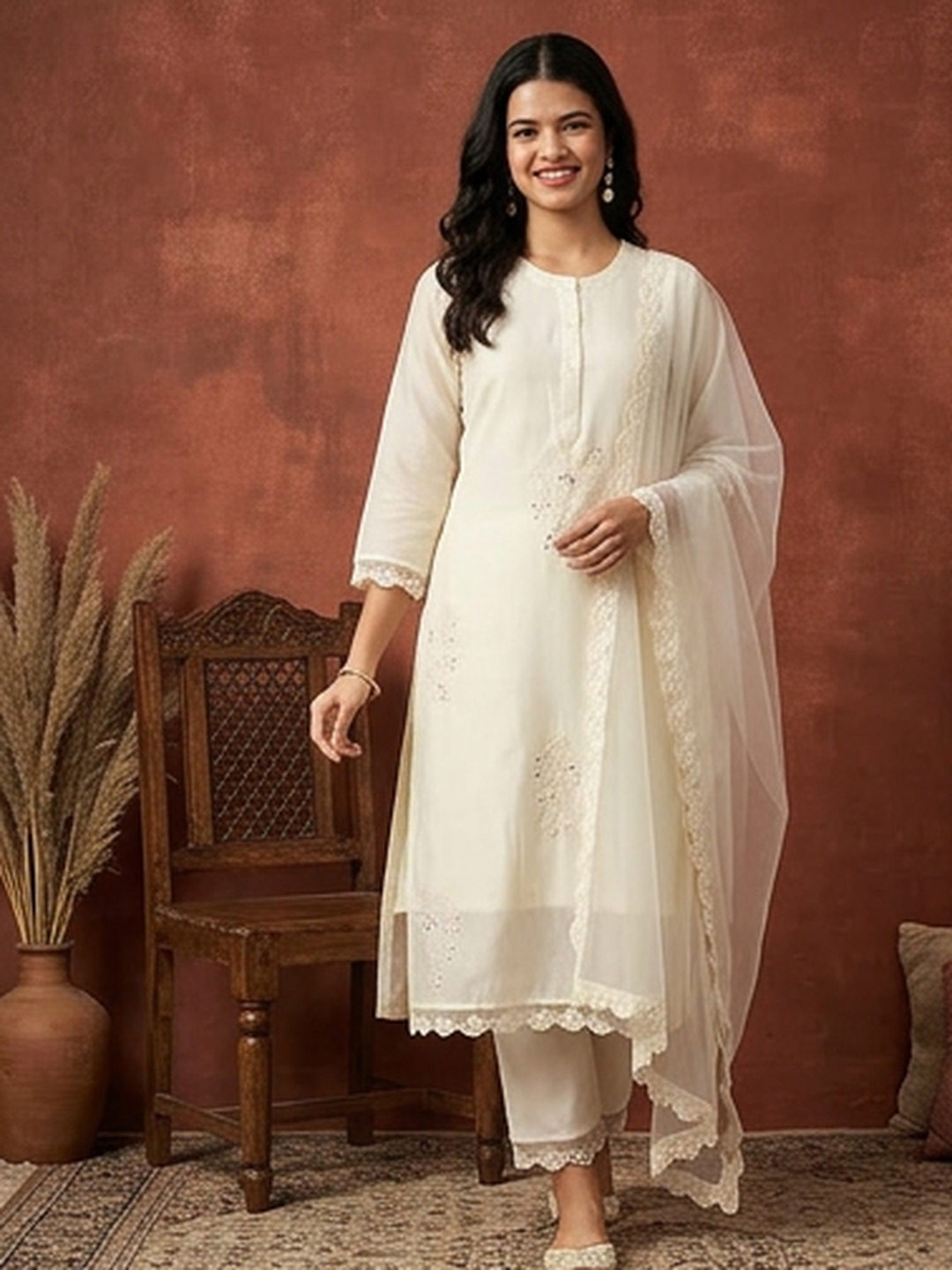 Anouk Women Floral Embroidered Regular Thread Work Chanderi Cotton Kurta with Trousers & With Dupatta