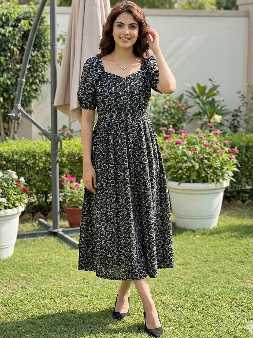 Anouk Floral Print Puff Sleeve Fit & Flare Midi Dress