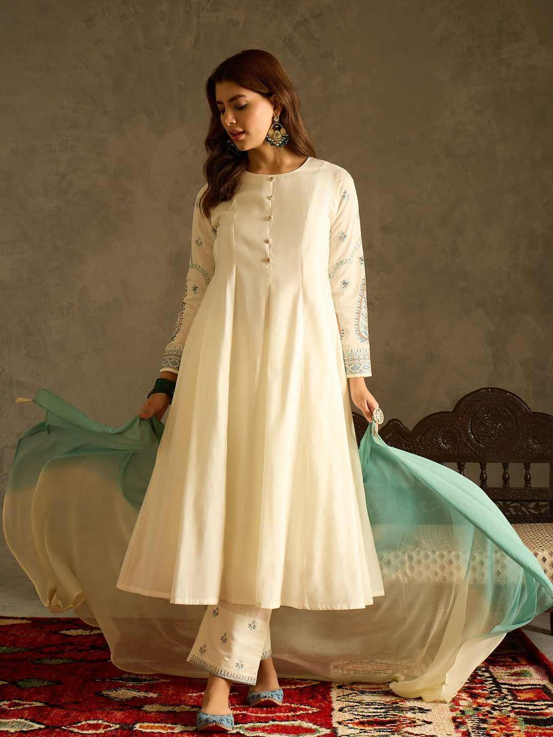 Anouk Embroidered Thread Work Panelled Anarkali Chanderi Silk Kurta With Trousers