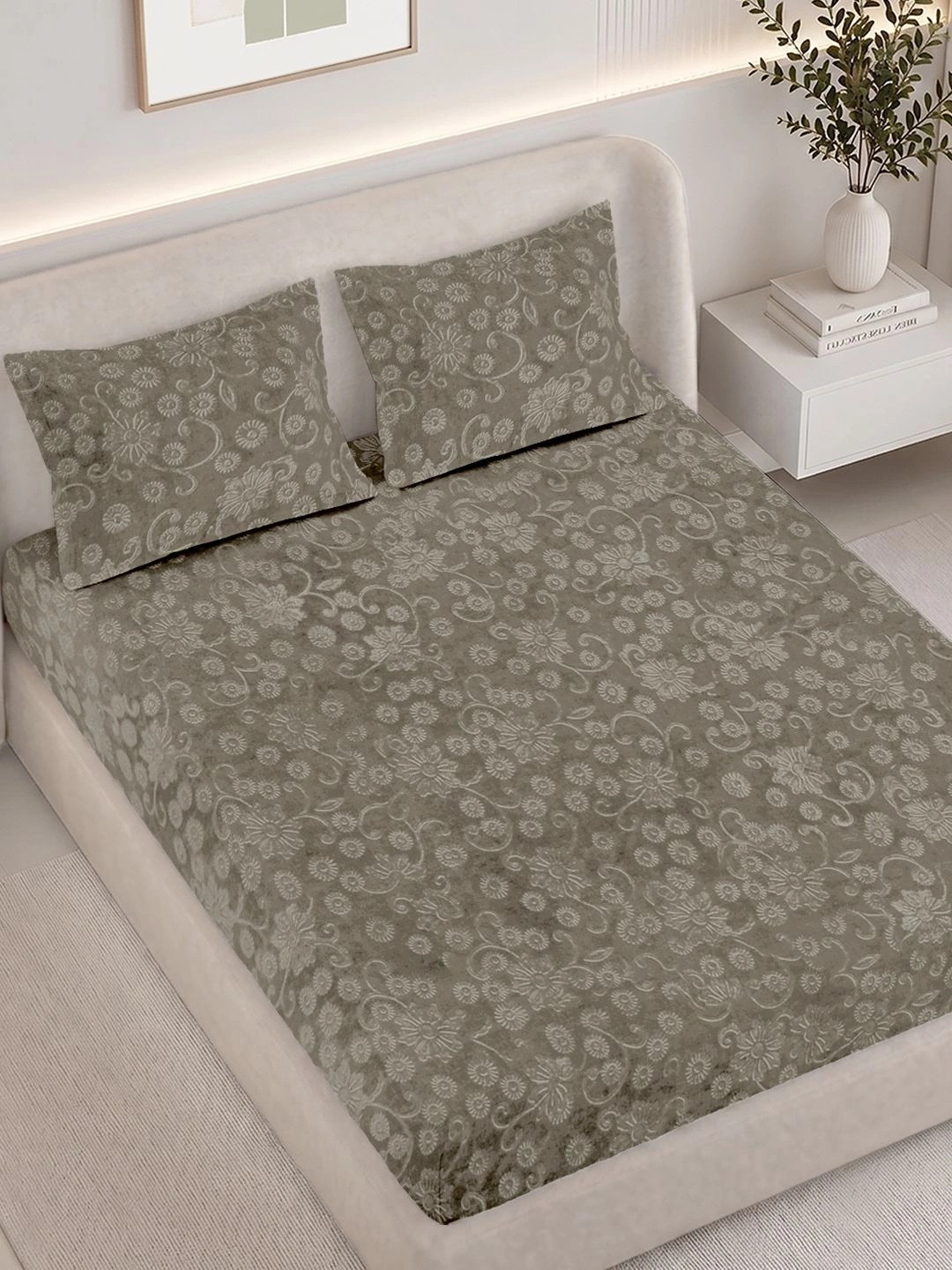 FABINALIV Taupe Floral Wool 300 TC King Fine Bedsheet with 2 Pillow Covers-250 x 225 cm