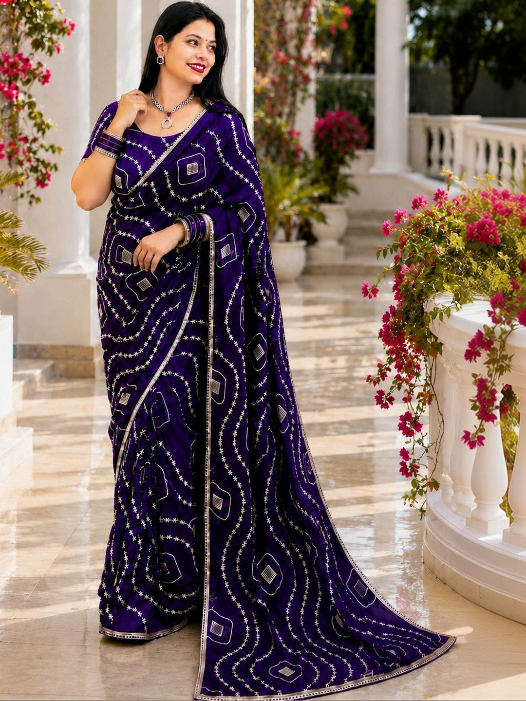 R K CREATION Bandhani Embroidered Satin Saree