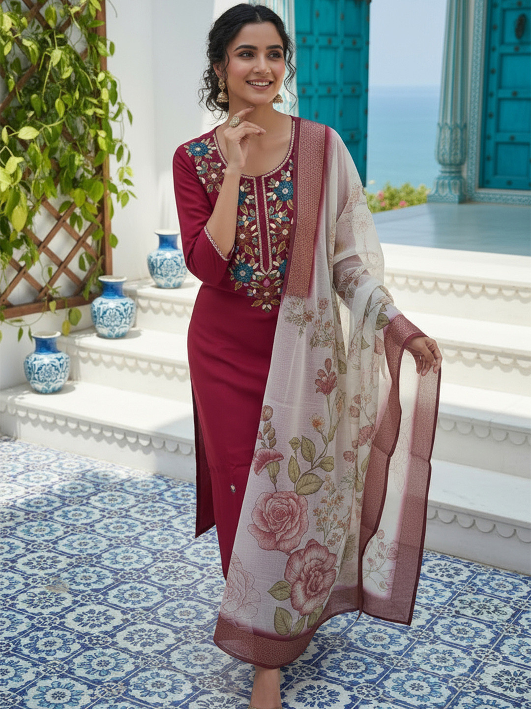 Anouk Women Floral Embroidered Regular Kurta with Trousers & With Dupatta