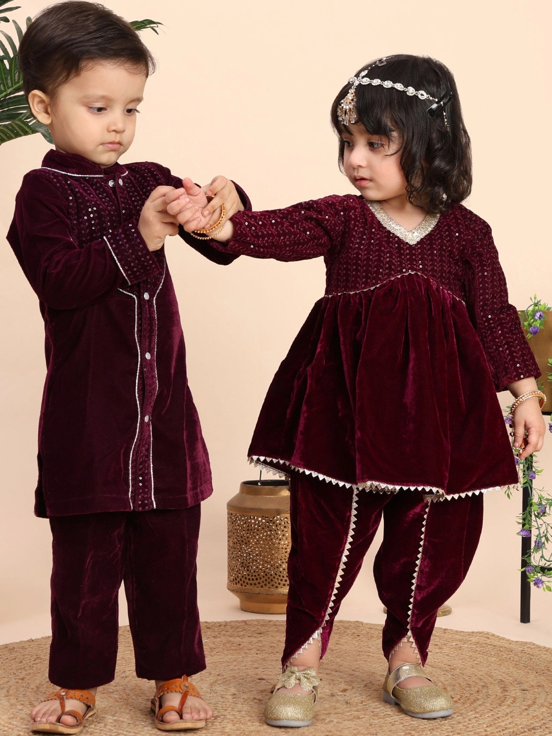 BAESD Girls Yoke Design Empire Sequinned Velvet Kurta With Dhoti Pant