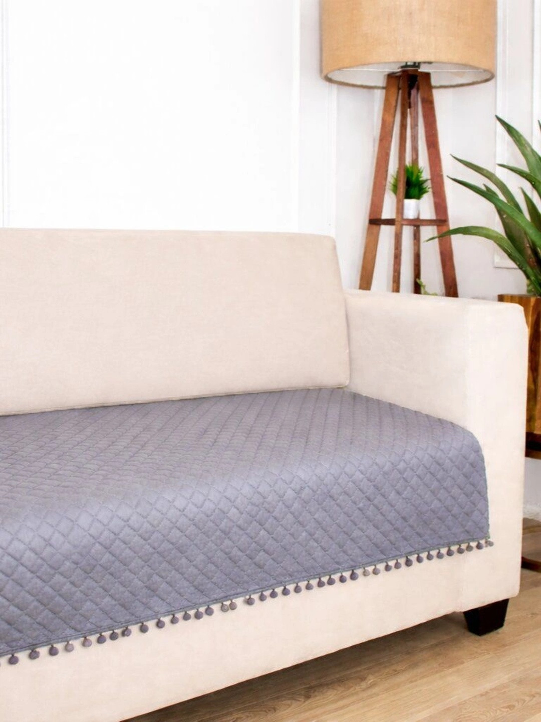 STITCHNEST Grey Geometric Faux Suede Washable Straight 2 Seater Sofa Cover-