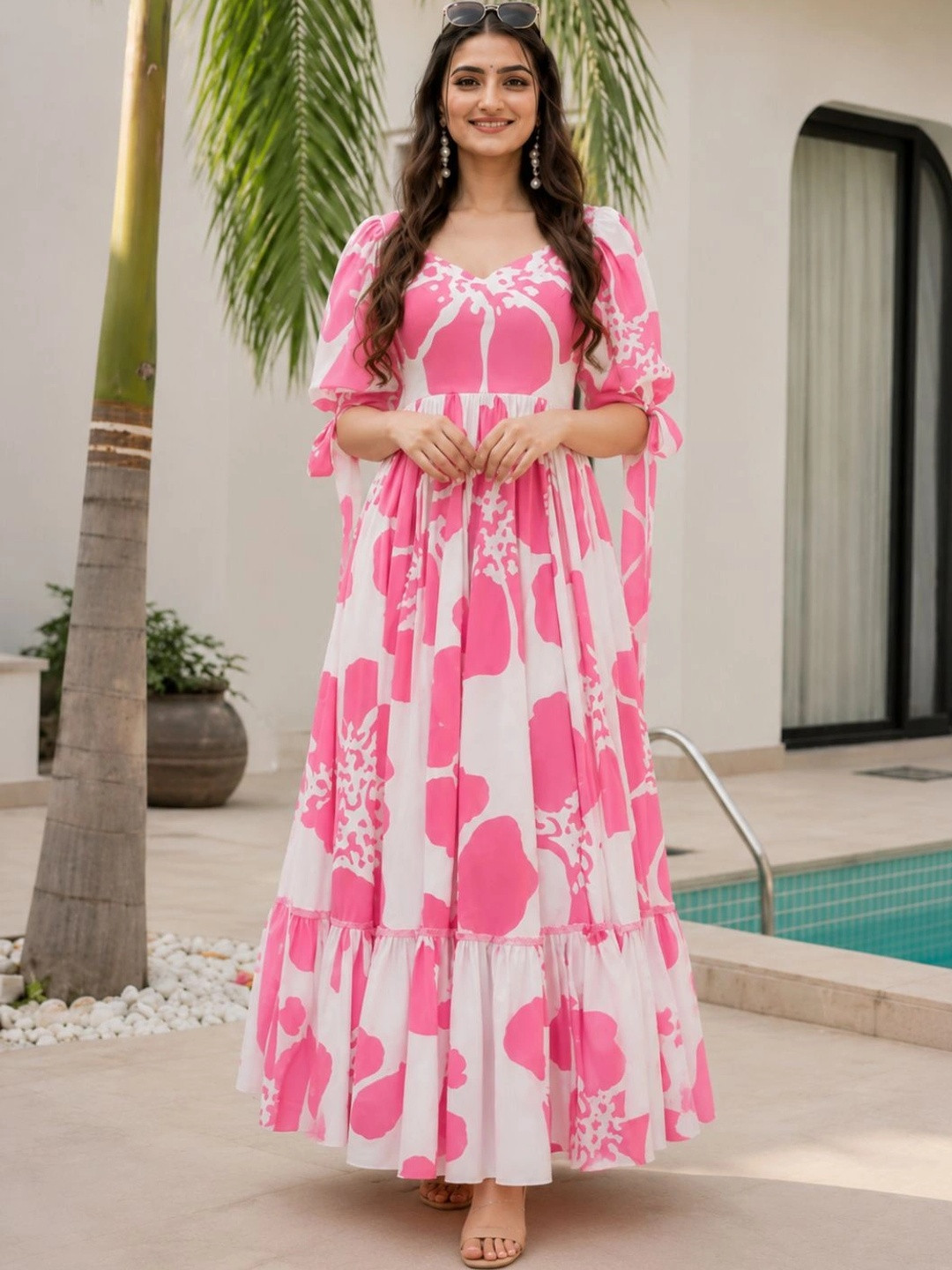 Modestouze Attires Print Puff Sleeve Ruffled Maxi Dress