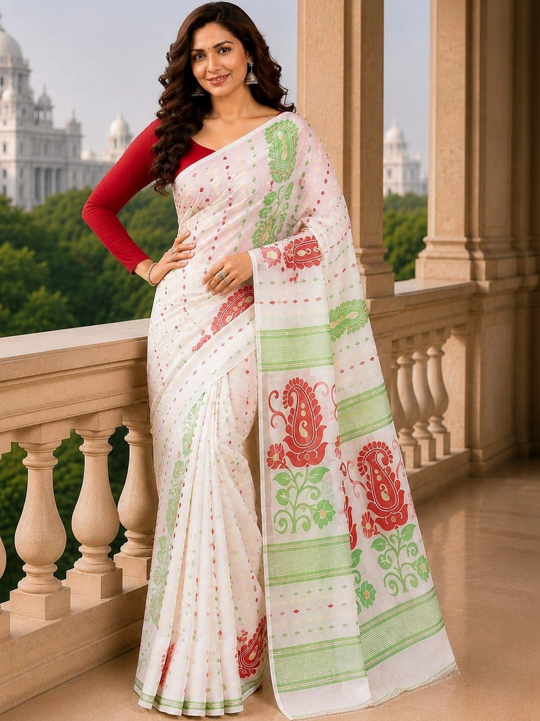 Laa Calcutta Ethnic Woven Design Pure Cotton Jamdani Saree