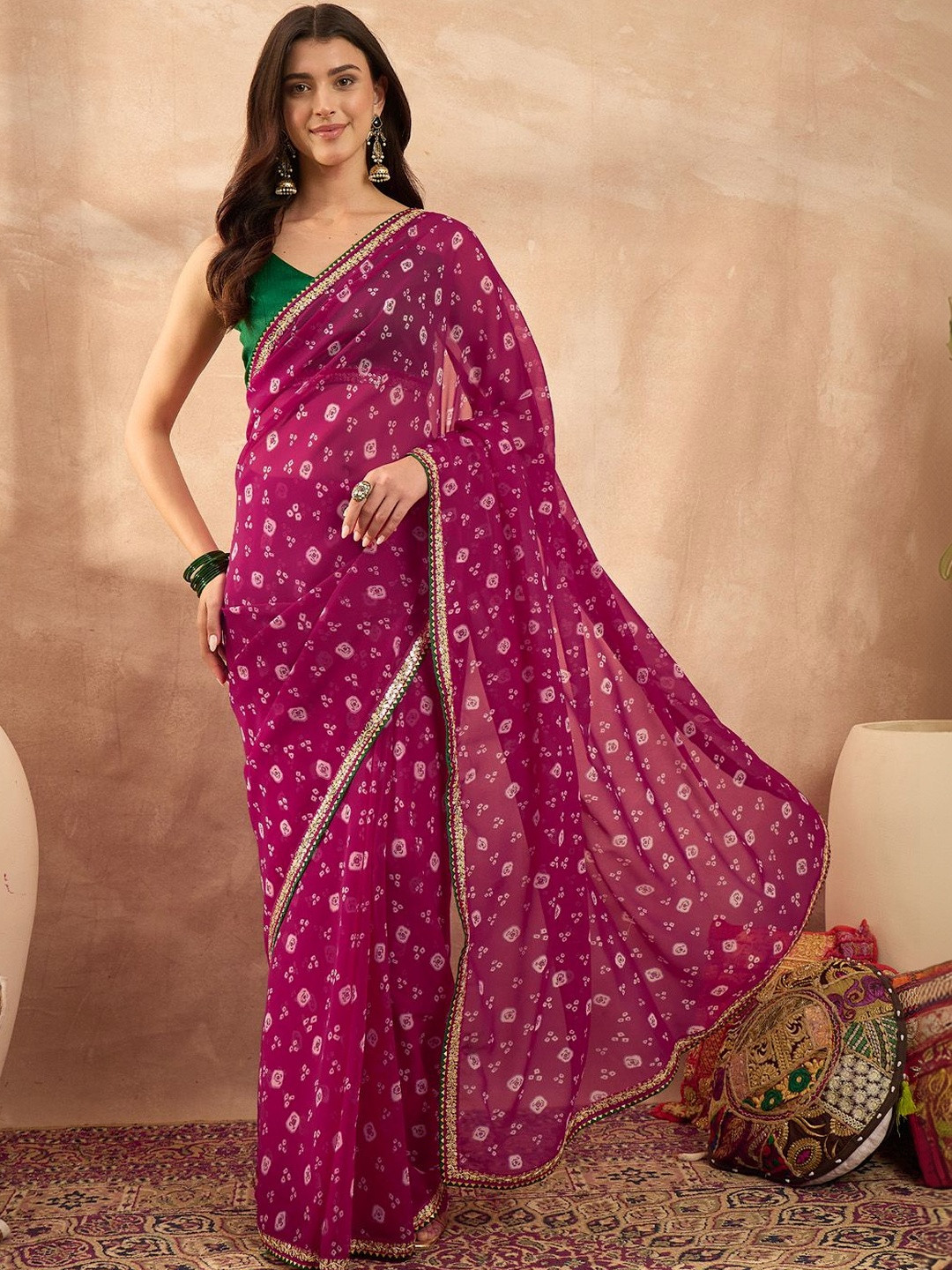 Anouk Floral Sequinned Poly Georgette Bandhani Saree