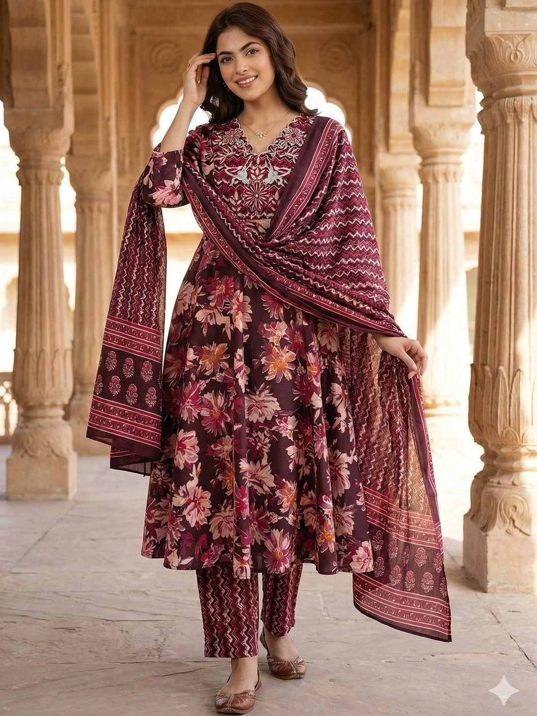 Anouk Women Floral Embroidered Regular Thread Work Pure Cotton Kurta with Trousers & With Dupatta