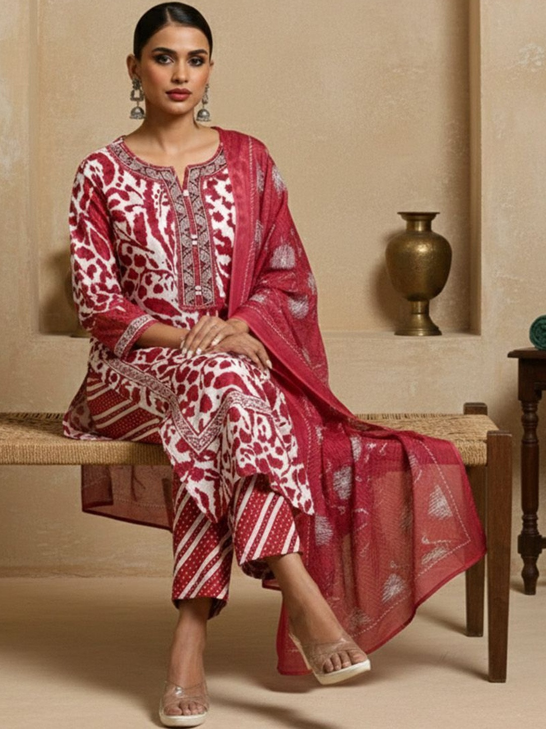 Anouk Women Ethnic Motifs Printed Regular Thread Work Pure Cotton Kurta with Trousers & With Dupatta