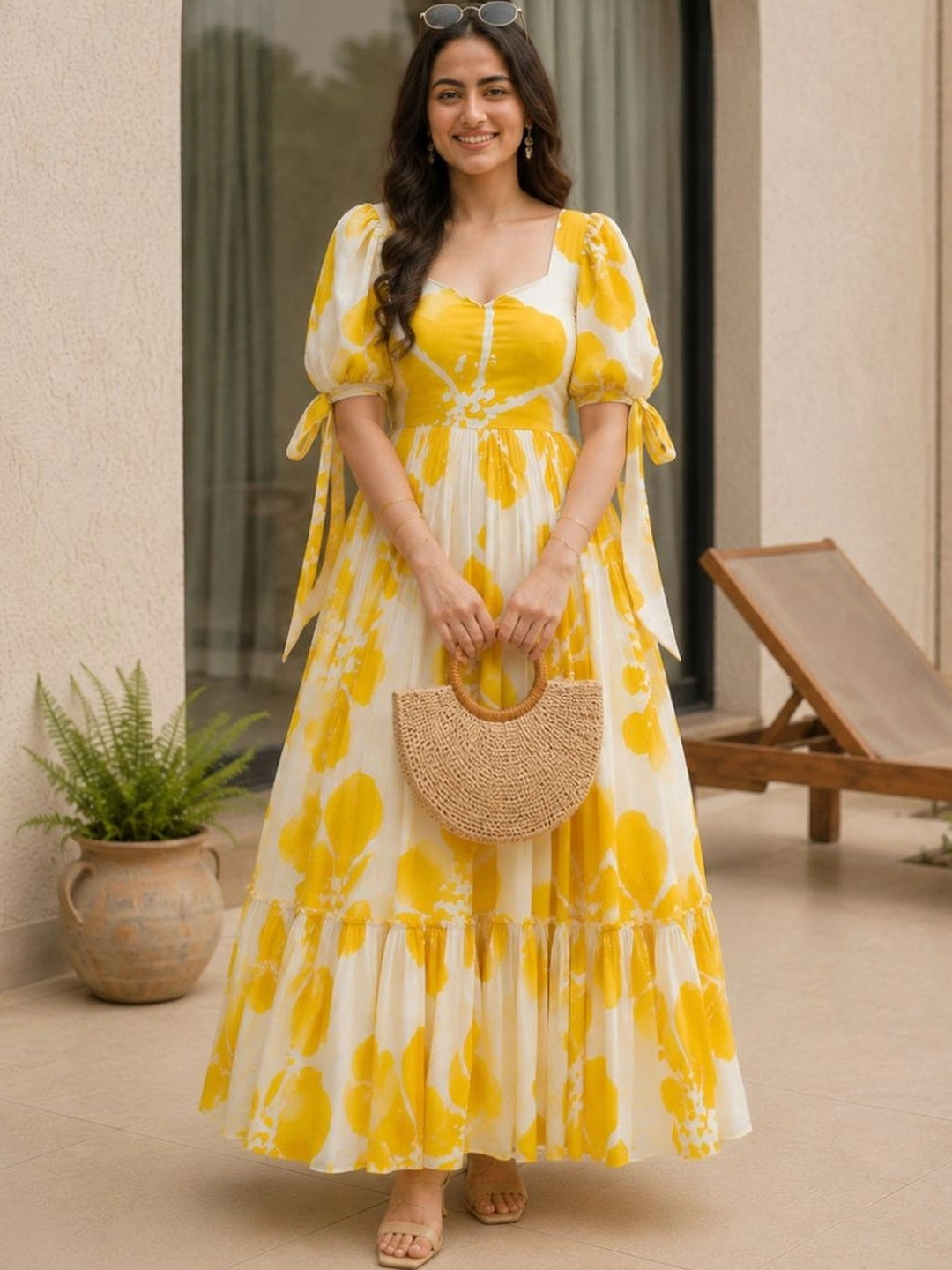 Modestouze Attires Floral Print Puff Sleeve Ruffled A-Line Maxi Dress