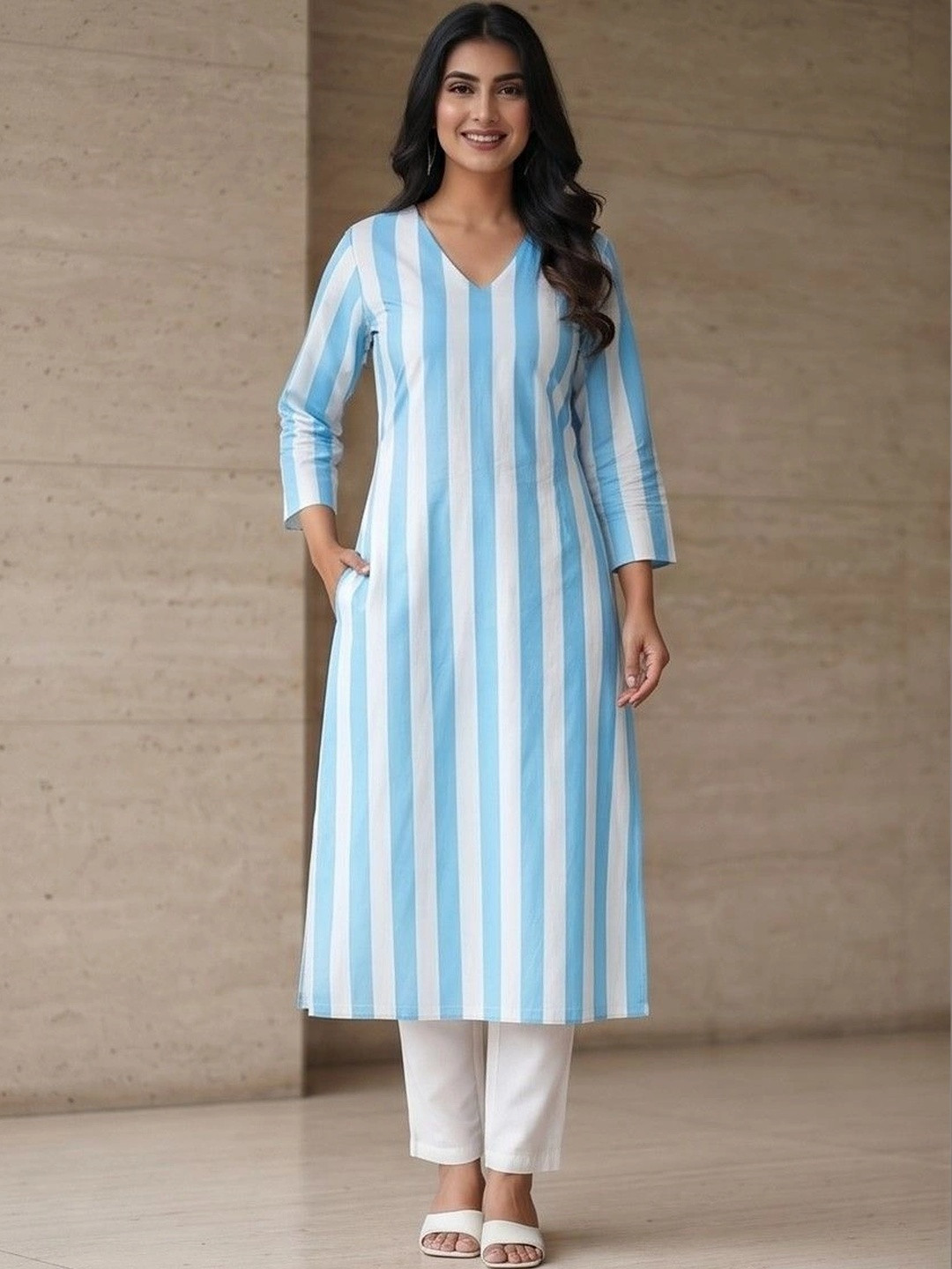 JAIPURRANG Striped V-Neck Cotton Straight Kurta