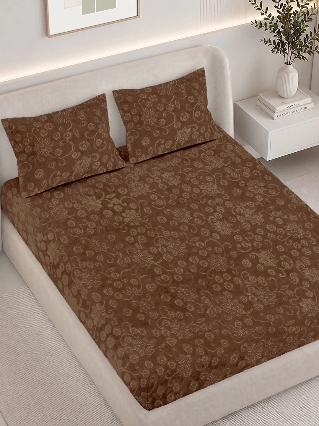 FABINALIV Brown & White Floral Woollen 300 TC Double King Bedsheet Set-2.50 m X 2.25 m