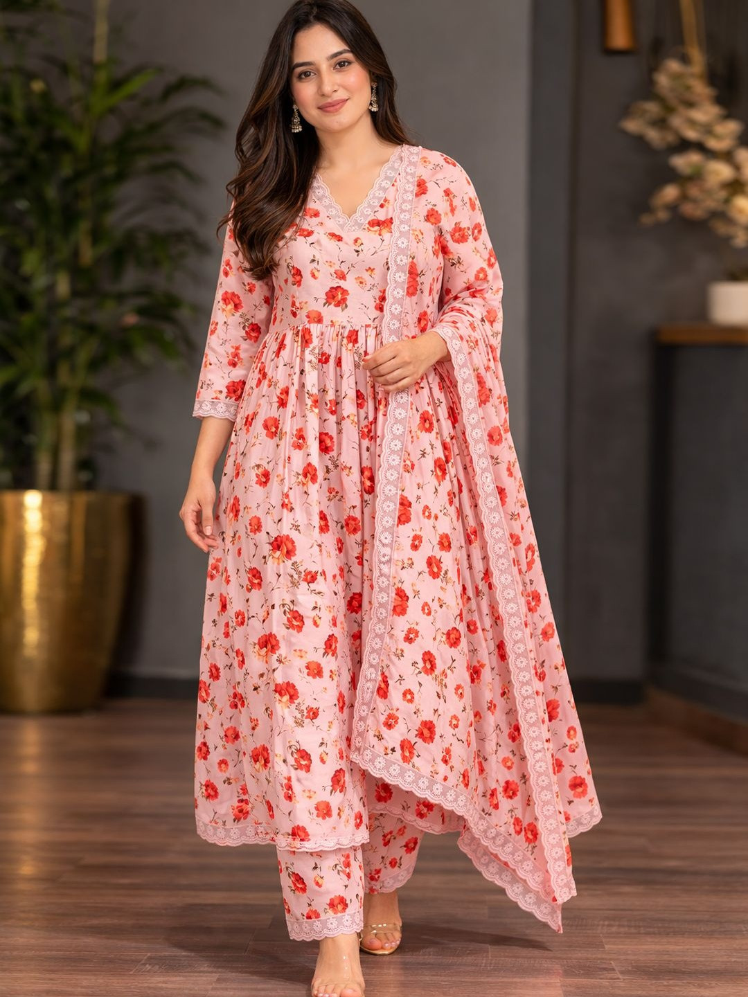 Anouk Women Floral Printed Empire Kurta with Trousers & With Dupatta