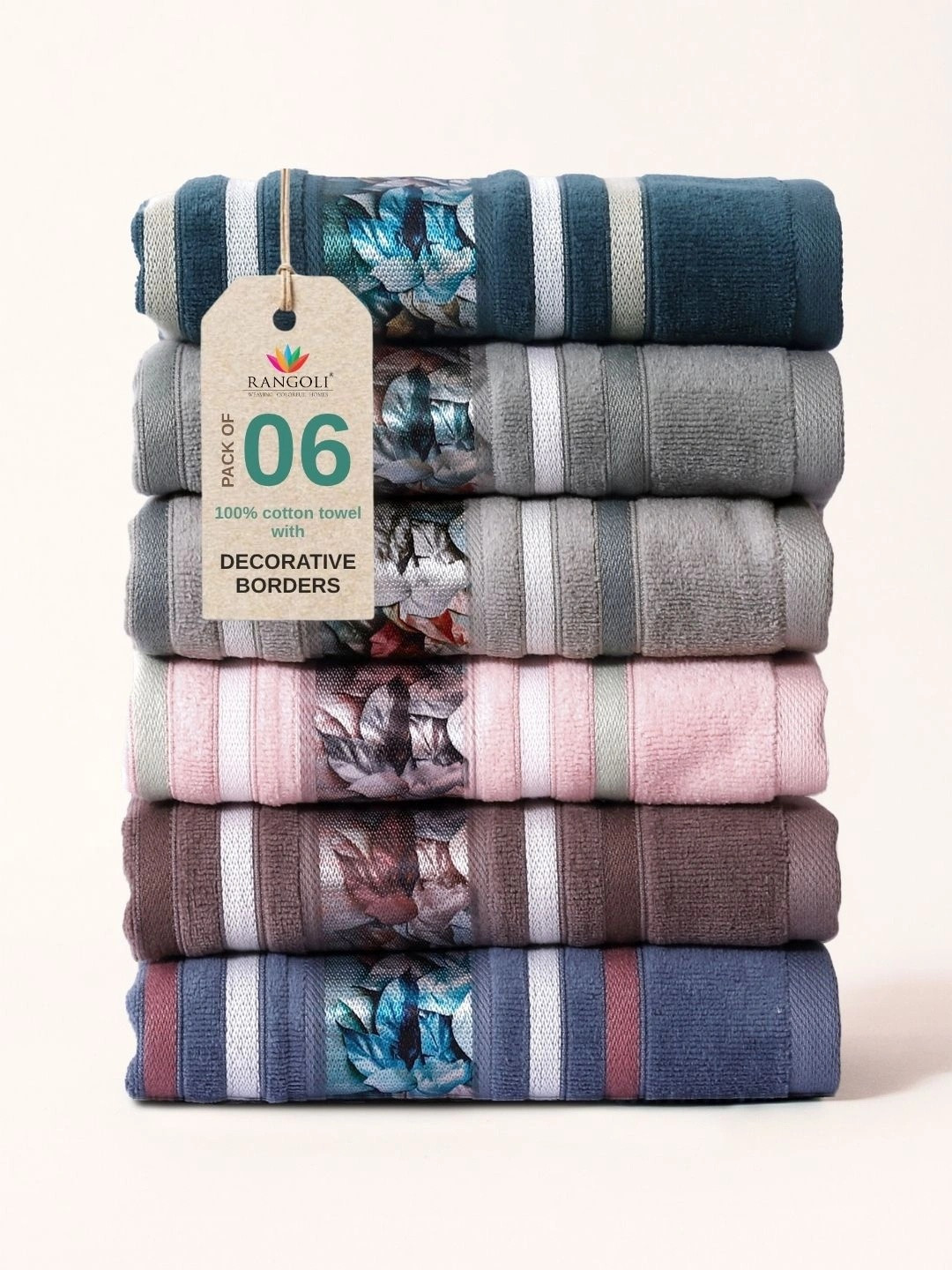 RANGOLI Oriental 6 Pieces Floral Decorative Border Super Soft 450 GSM Hand Towel