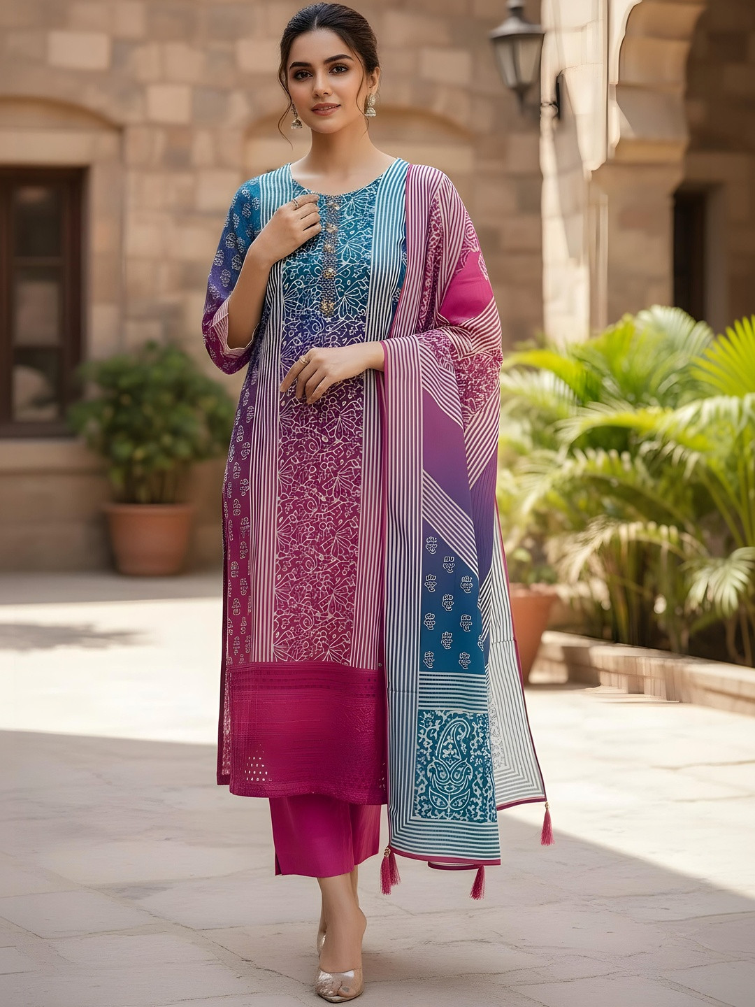 Anouk Women Ethnic Motifs Printed Regular Gotta Patti Kurta with Trousers & With Dupatta