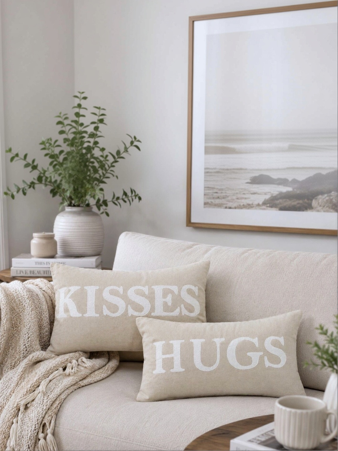 eyda Valentine Beige & White 2 Pieces Embroidered Cotton Rectangle Cushion Covers