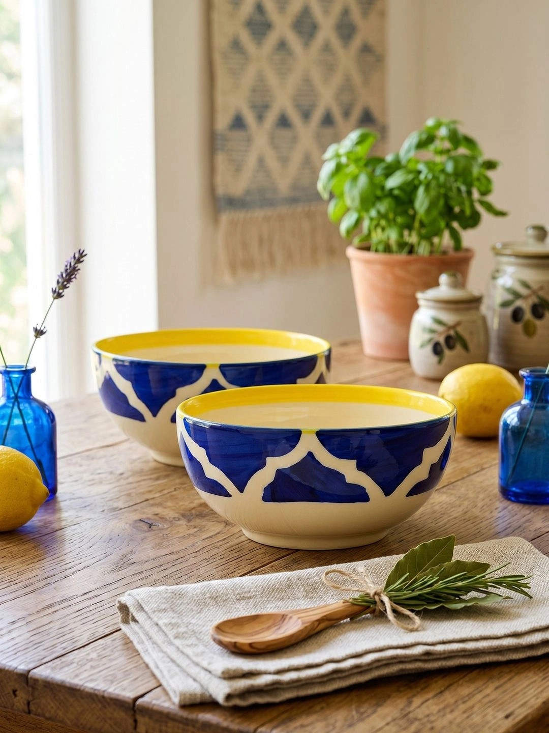 YELONA Navy Blue 2 Pcs Geometric Printed Ceramic Microwave Safe Ceramic Serving Bowls