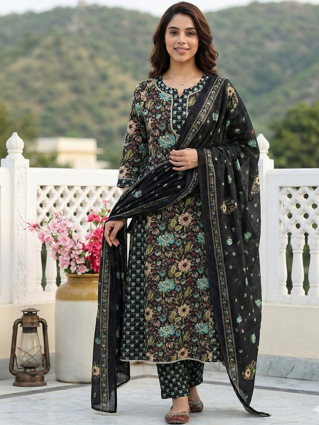Anouk Women Floral Printed Regular Pure Cotton Kurta with Trousers & With Dupatta