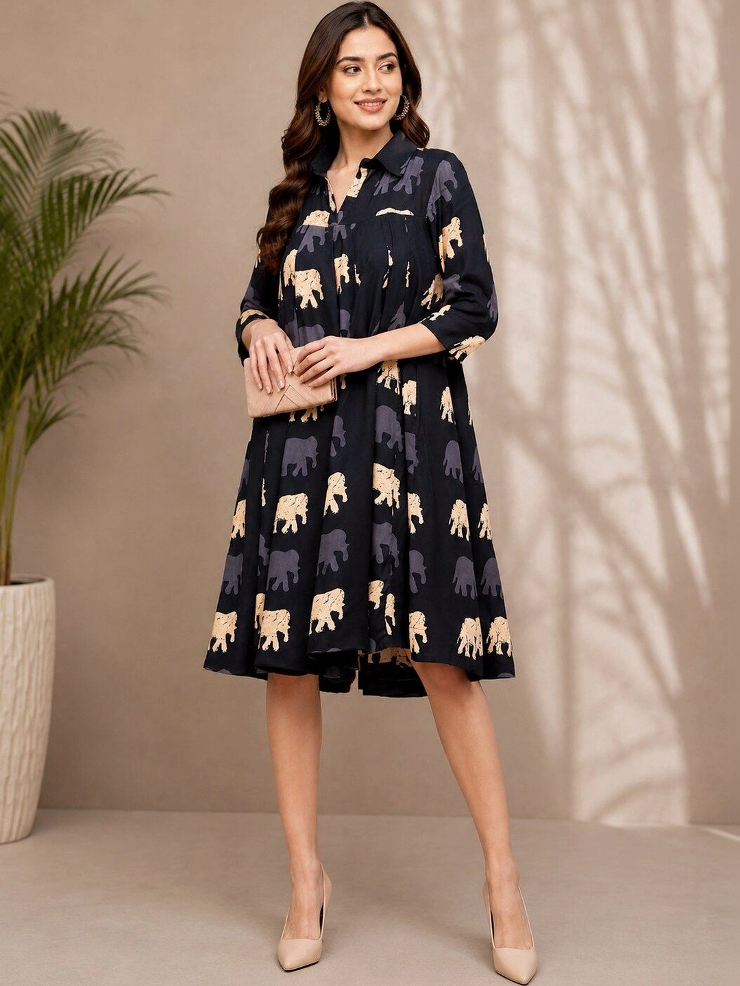 UGMAZ Printed Shirt Collar A-Line Dress