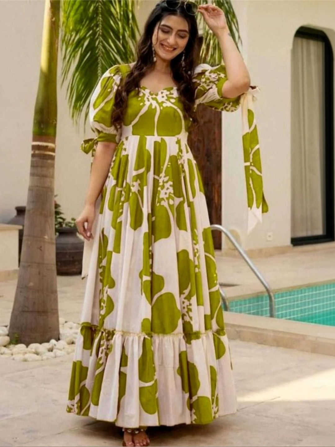 Modestouze Attires Floral Print Puff Sleeve Ruffled A-Line Maxi Dress