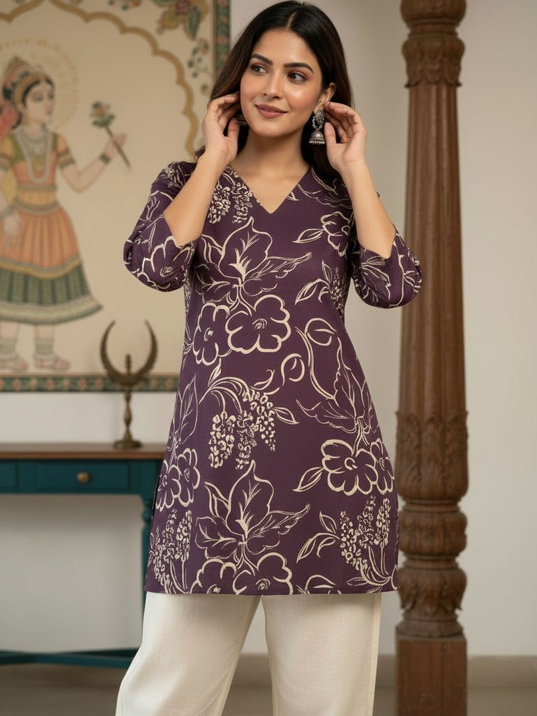 Anouk Floral Printed V-Neck Pure Cotton Kurti