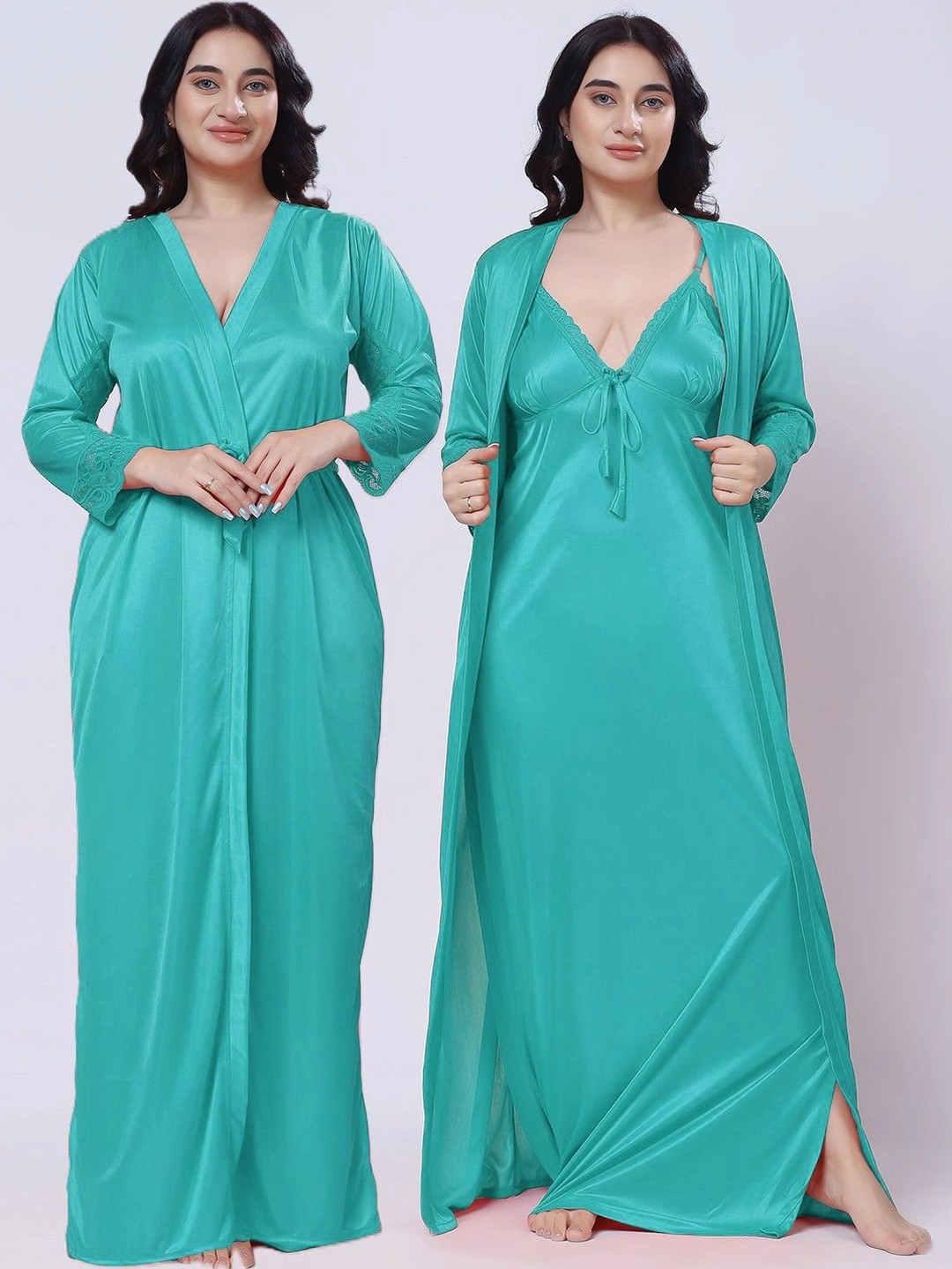 come4try V-Neck Short Sleeves Satin Maxi Nightdress
