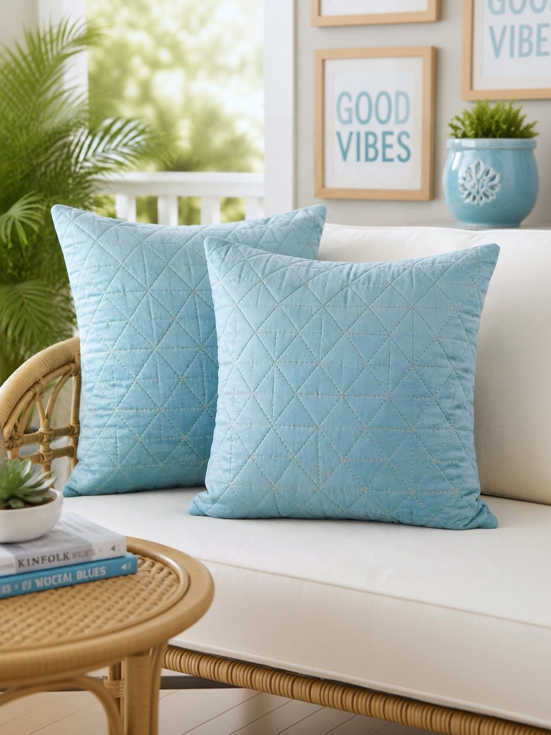 eyda Blue Geometric Velvet Quilted 2 Textured Square Cushion Covers -18x18In