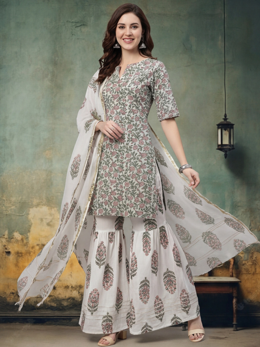 Anouk Floral Printed Regular Pure Cotton Kurta With Palazzos & With Dupatta