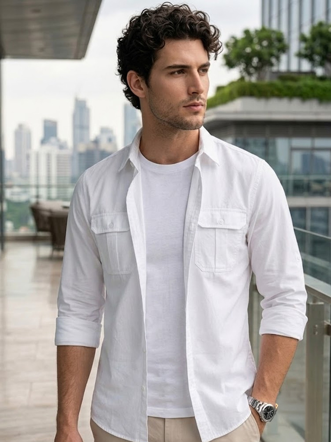 Urbano Fashion Men Spread Collar Solid Cotton Casual Shirt