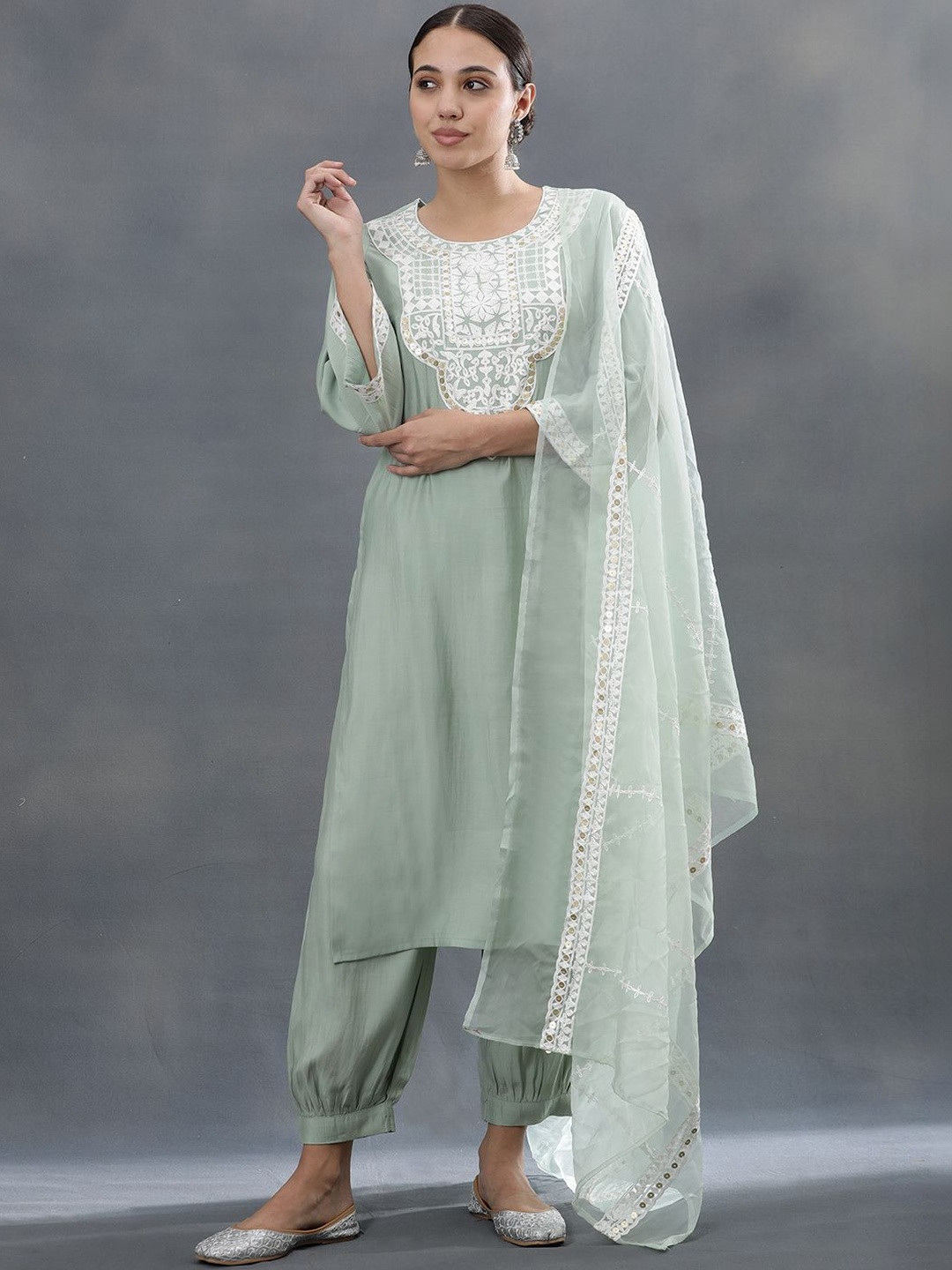 Anouk Women Ethnic Motifs Embroidered Regular Sequinned Kurta with Harem Pants & With Dupatta