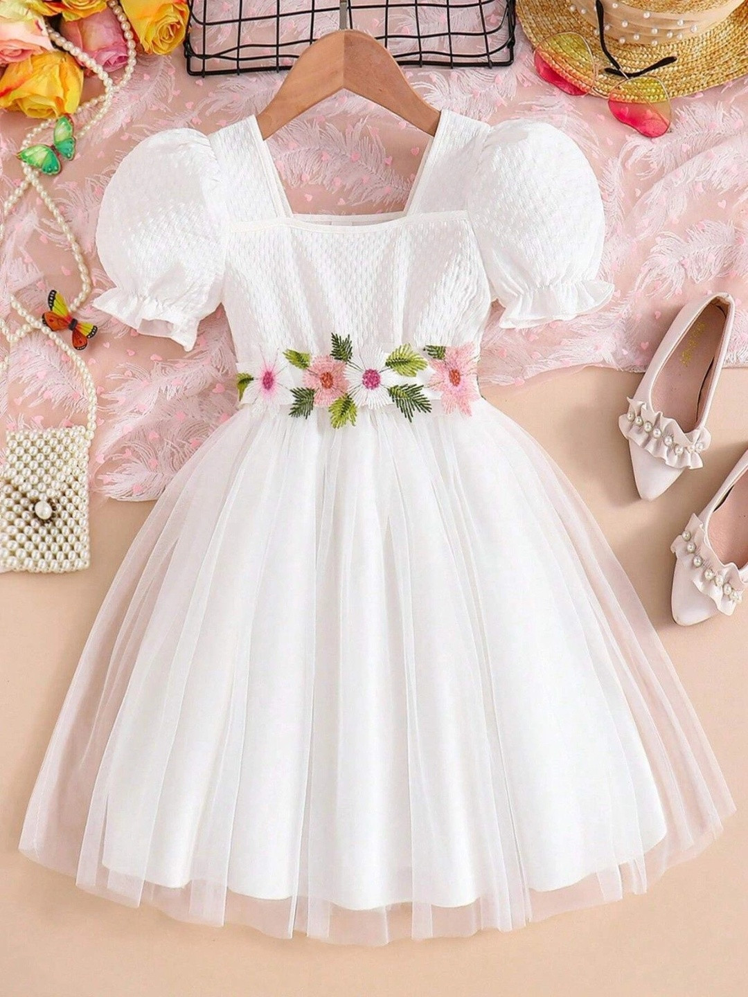 SHUBH BELLA Floral Embroidered Puff Sleeve Ruffled A-Line Dress