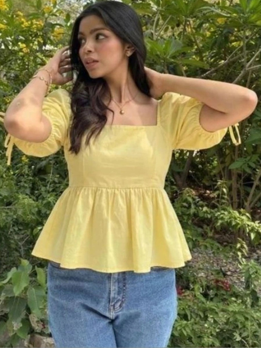HIBIKI Puff Sleeve Smocked Cotton Blend Peplum Top