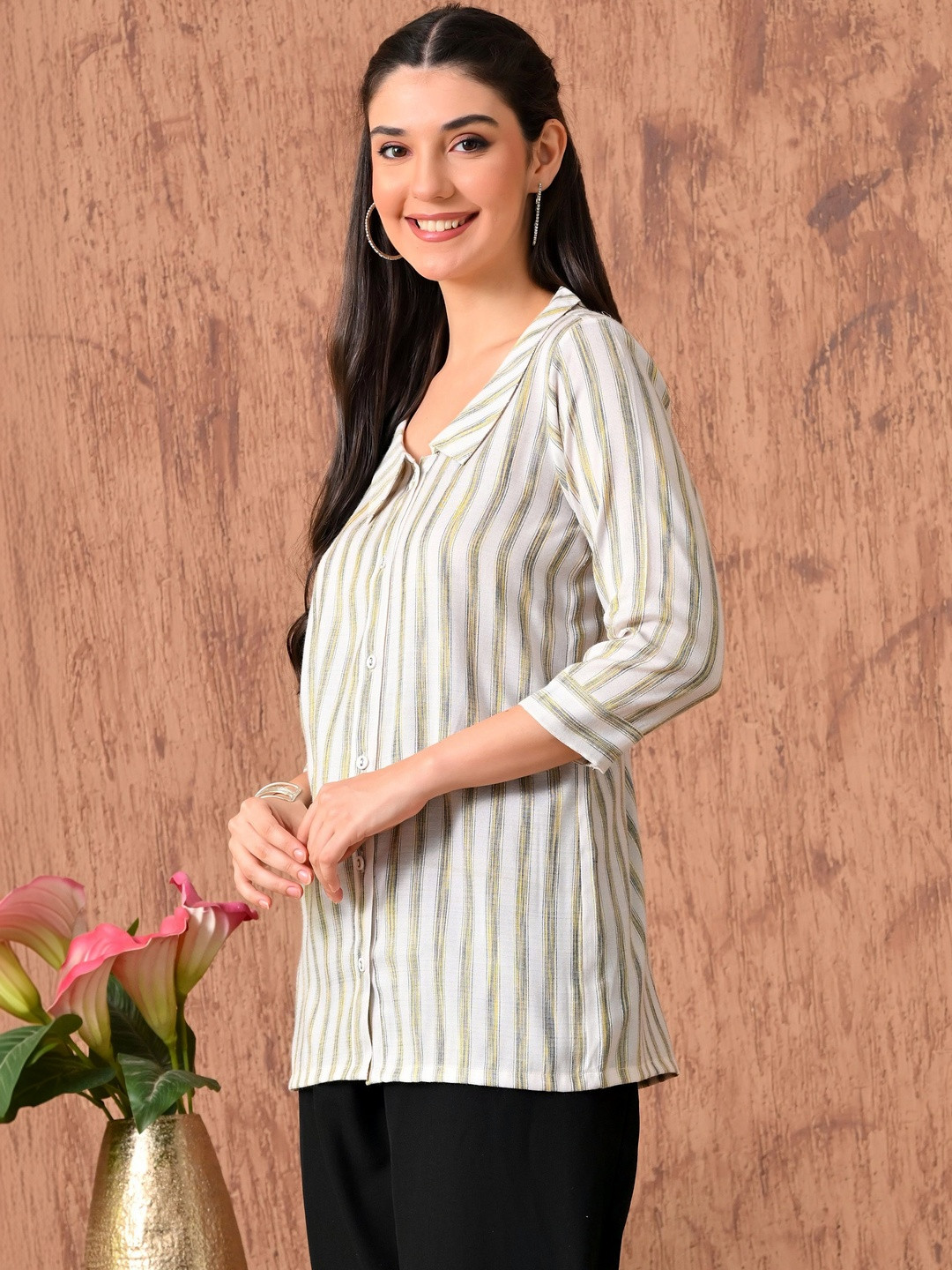 Anouk Mirage Striped Shirt Collar Pure Cotton Blend Kurti